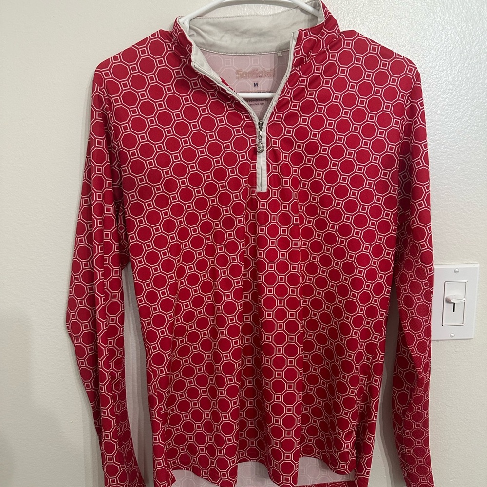 San Soleil Red Geometric Quarter-Zip Sun Shirt UPF50 / Golf Tennis Equestrian